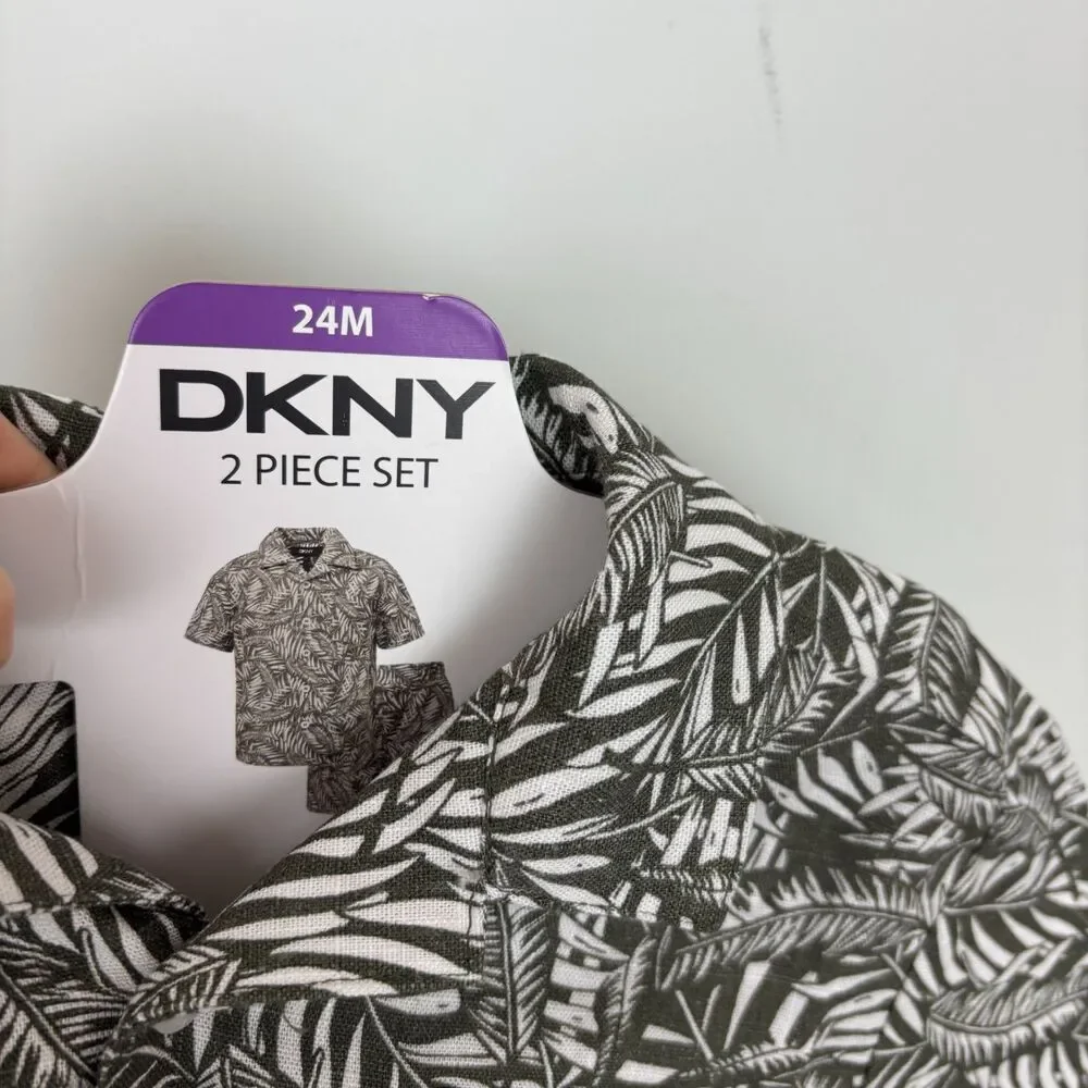 NWT DKNY Linen Blend Green Palm Leaf Print 2 Piece Set Baby Toddler 24 Months